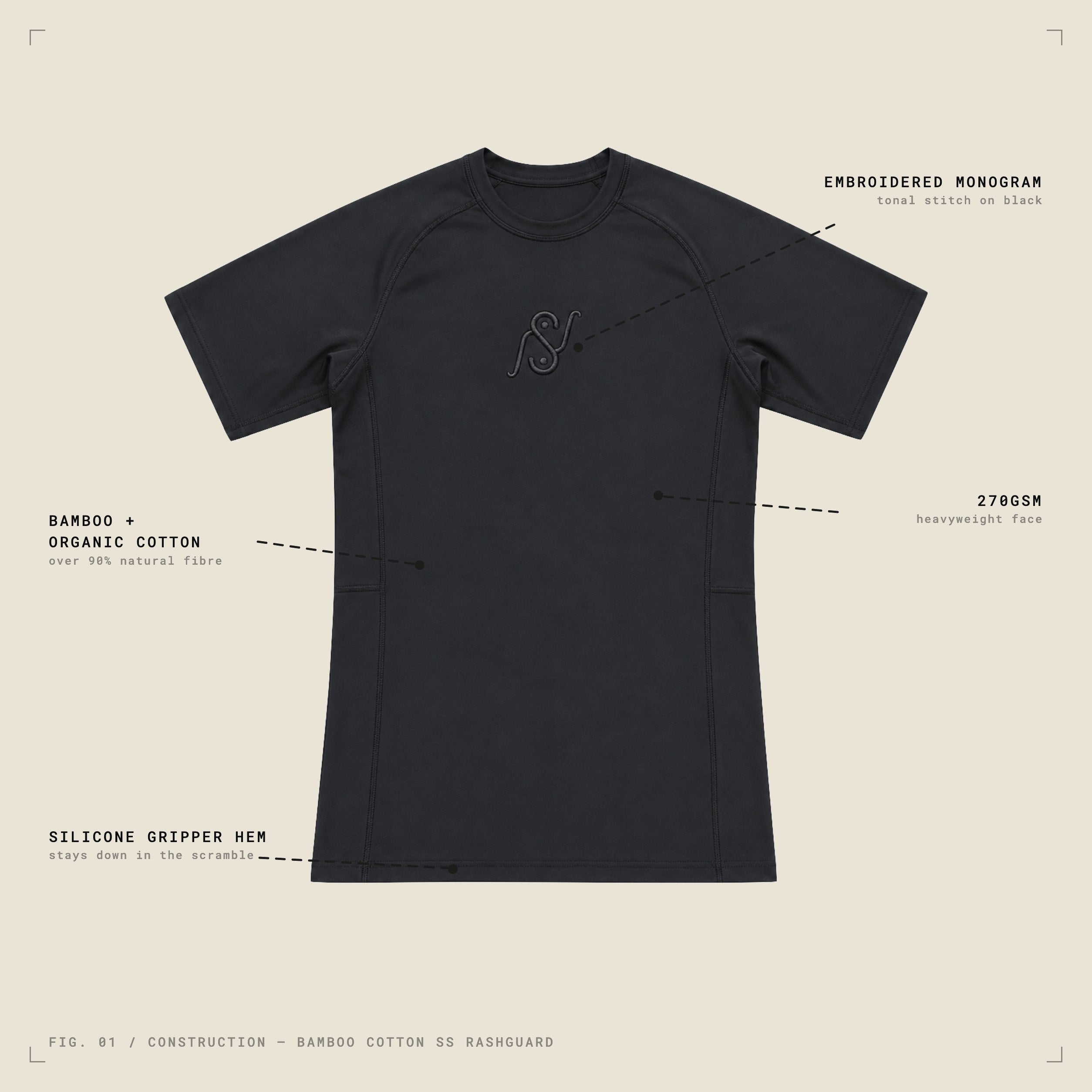 V1 bamboo and cotton BJJ rashguard in black, front view, labelled construction diagram