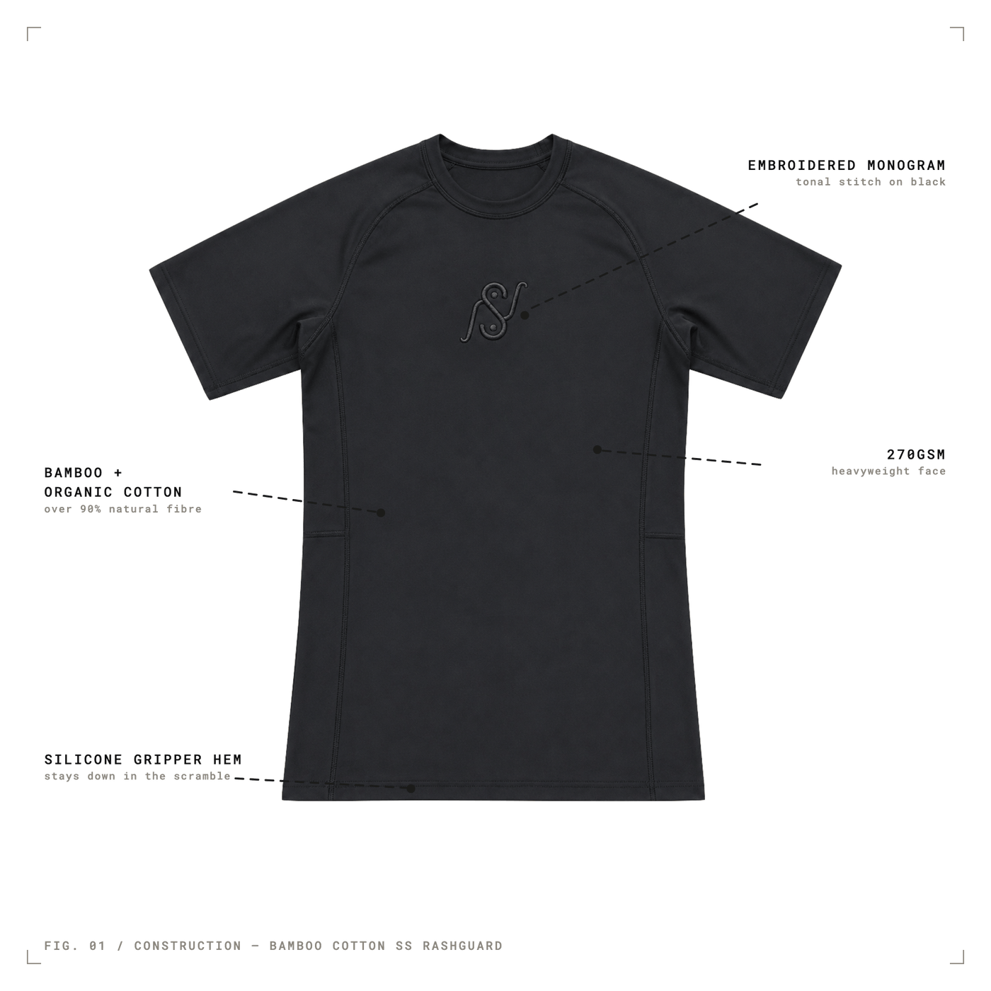 Annotated flat lay of the black V1 Hybrid compression shirt: bamboo and organic cotton, 270gsm, gripper hem, monogram