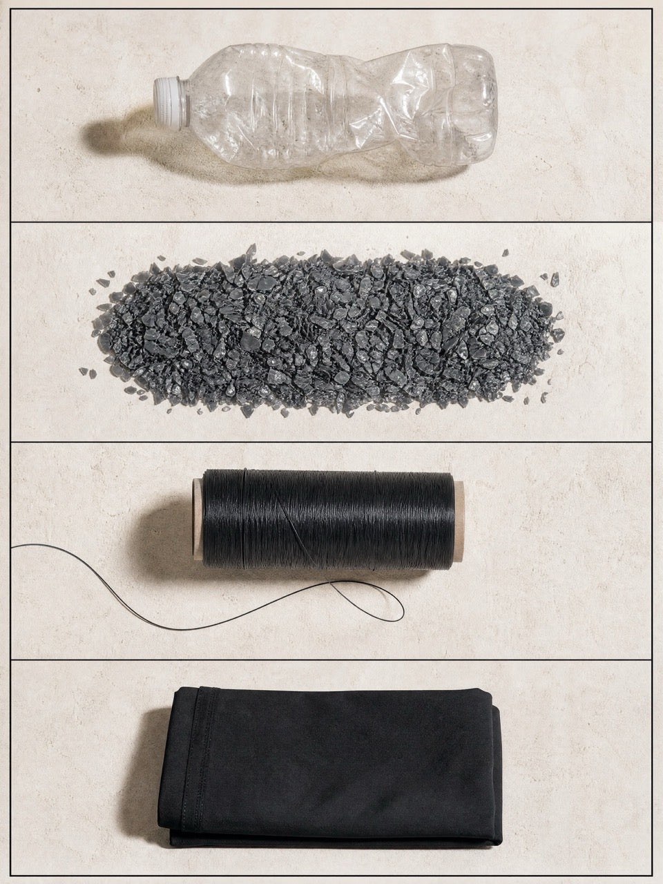 How polyester is made: a crushed PET bottle, plastic chips, spooled black filament, folded fabric