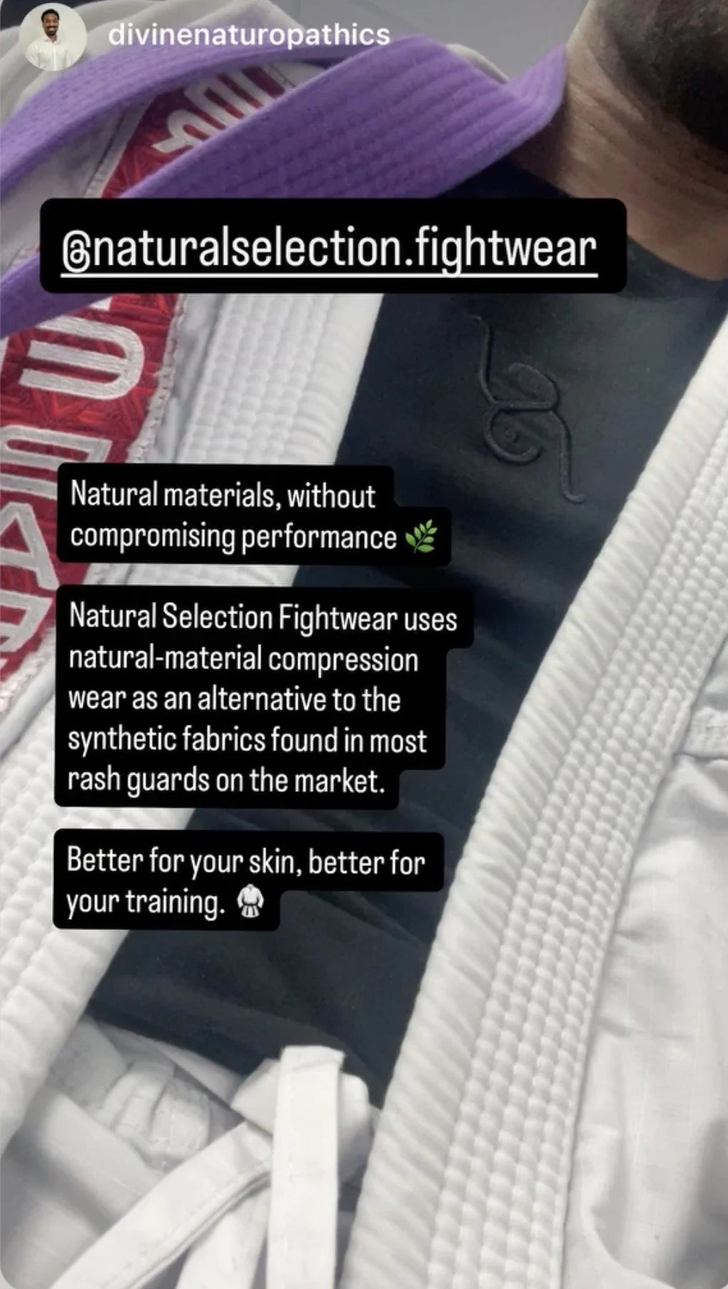 Customer Instagram story from divinenaturopathics showing V1 worn beneath a gi