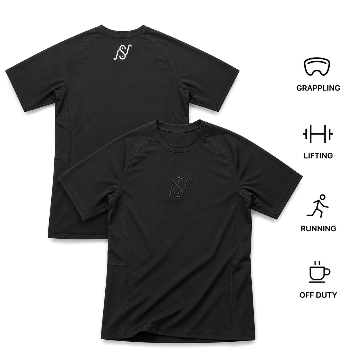 Front and back views of the black V1 NaturalFlex Performance Tee